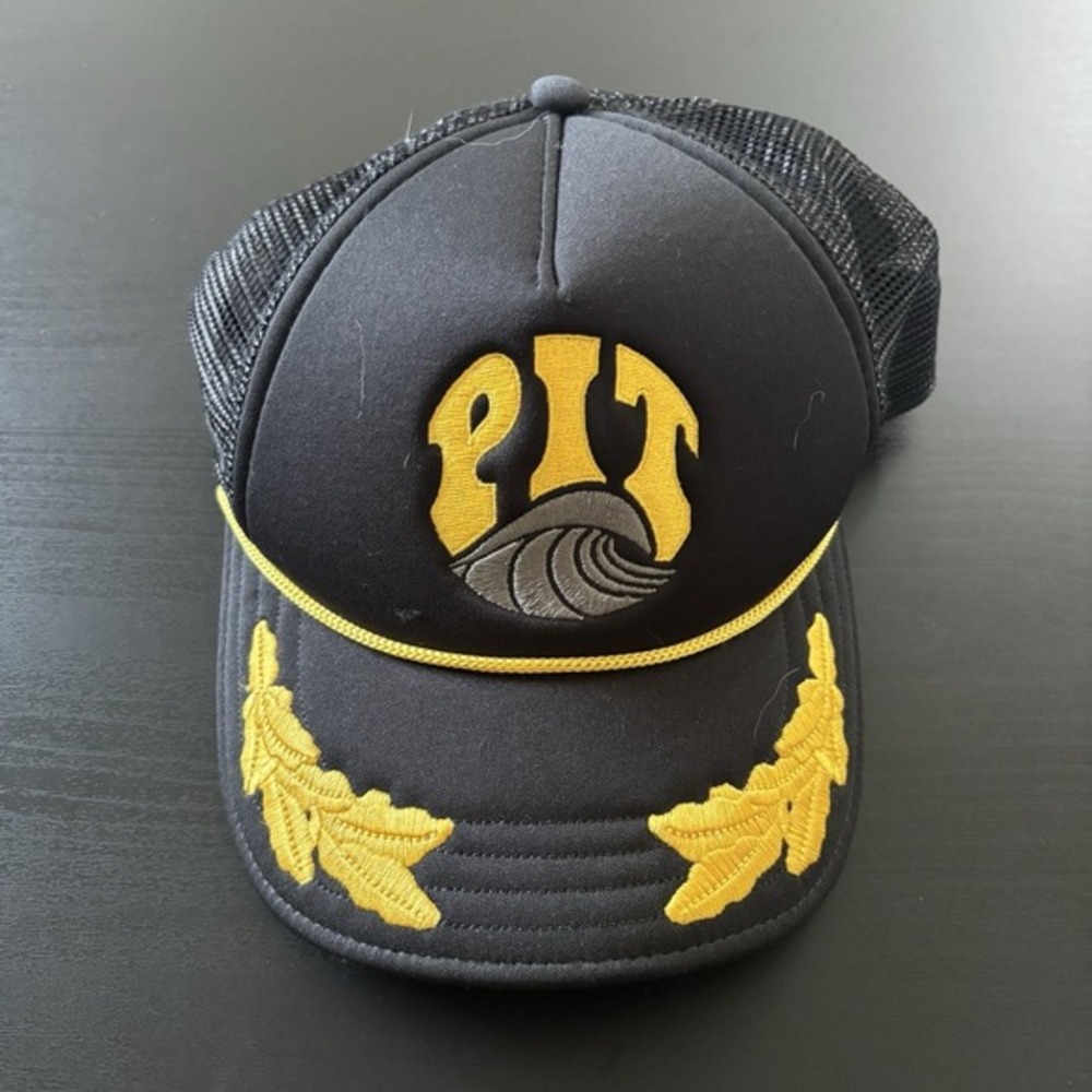 PIT Surf Shop Wave Embroidered SnapBack Mesh Back Trucker Hat Black Yellow Pukka